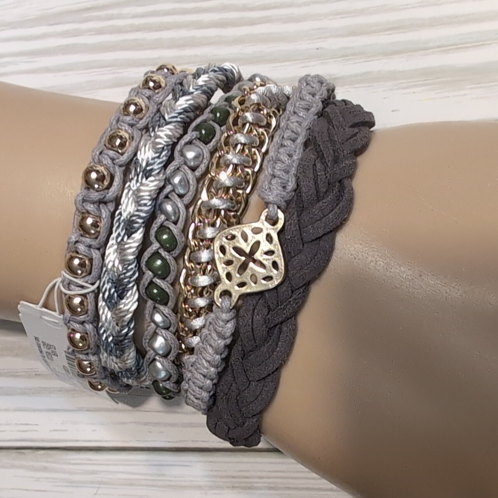 Charming Charlie Gray & Gold Embellished Bracelet 6 Layers Magnetic Closure NWT